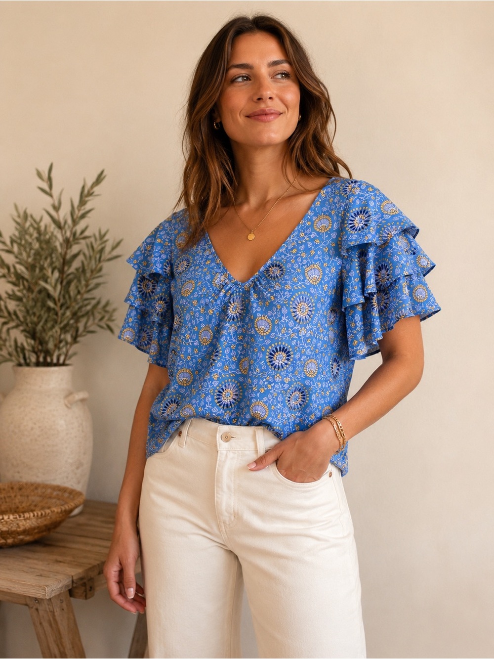Club Monaco 100% Silk Ruffle Sleeve Floral Blouse | Blue Boho Top | XS